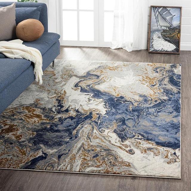 LUXE WEAVERS Marble Collection Blue Area Rug 2x7 Modern Abstract Swirl Design Non-Shedding Carpet