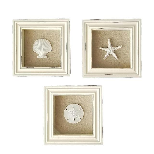 Beachy Set of 3 Shell Shabby Chic Shadow Boxes- Creamy Off White Frame 7" x 7" - Starfish, Sand Dollar and Clam Shell Mounted on Fabric Background by Tumbler Home