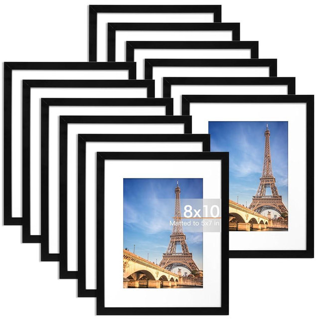 Fixwal 8x10 Picture Frame Set of 12 with Shatter Resistant Plexiglass, Classic Thin Border Black Photo Frames for Home Office Decor Wall Display