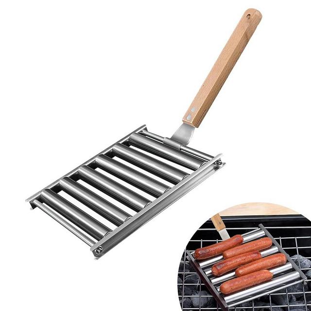 Sufune Hot Dog Roller for Girll,Sausage Roller Stainless Steel Rack with Extra Long Wood Handle,BBQ Hot Dog Girller for Evenly Cooked Hot Dog,5 Hot Dog Capacity
