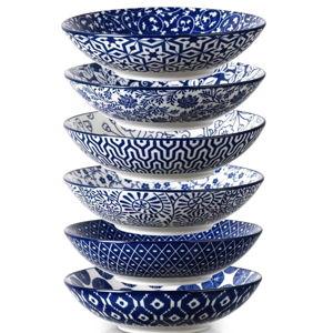 Selamica Ceramic 30oz Large Pasta Salad Bowls 8 Inch Wide and Shallow Soup Bowls, Stackable, Microwave and Oven Safe, Set Of 6, Vintage Blue