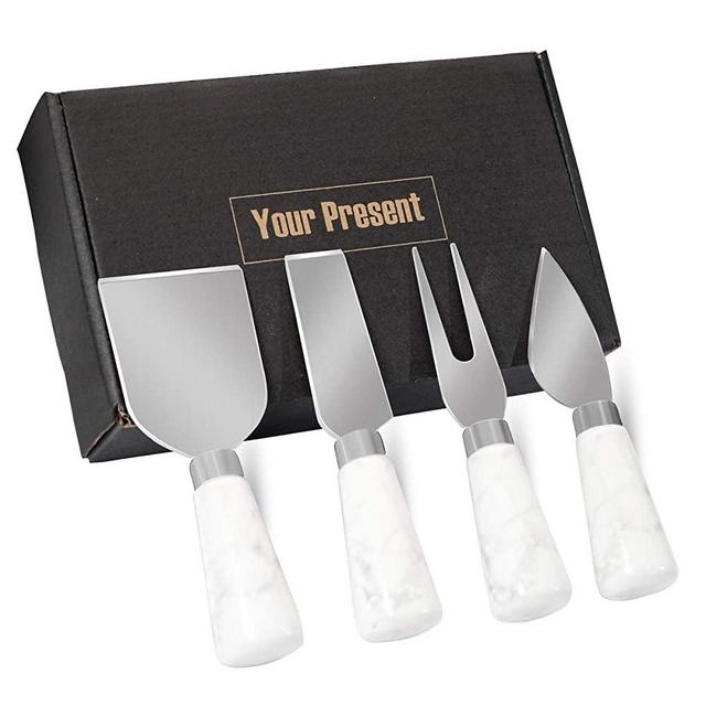 4 Pieces Marble Cheese Spreader Knife Set, 4 Sizes Cheese Slicer Butter Spatula Knives with Ergonomic Ceramic Handle, Cheese Shaver and Fork for Anniversary, Bridal Shower, Birthday, Wedding (Silver)