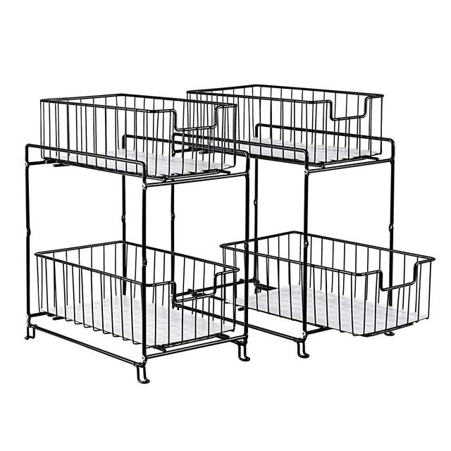 2 Pack- SUFAUY Stackable 2-Tier Under Sink Cabinet Organizer with Sliding Storage Drawer for Pantry Organization or Kitchen Storage, Steel, Black
