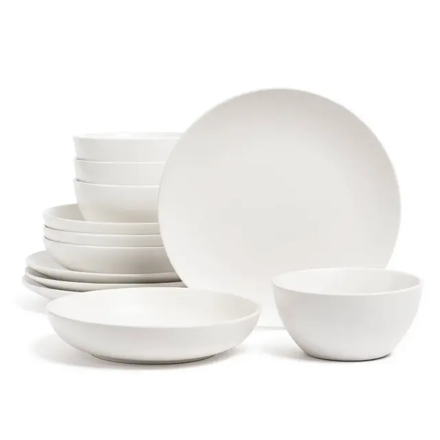 over&back 12pc Coupe Hand-Finished Stoneware Dinnerware Set Semi-Matte White: Microwave & Dishwasher Safe, Service for 4