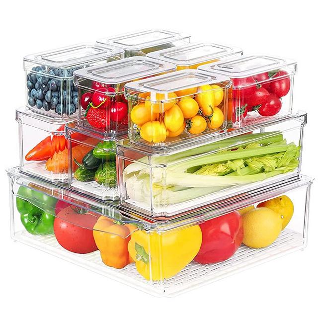 10 Pack Fridge Organizer, Stackable Refrigerator Organizer Bins with Lids, Produce Fruit Storage Containers for Fridge Organizers and Storage Clear, BPA-Free Plastic Pantry / Kitchen Organization and Storage for Fruits, Vegetable, Food, Berry ,Cereals Storage, etc