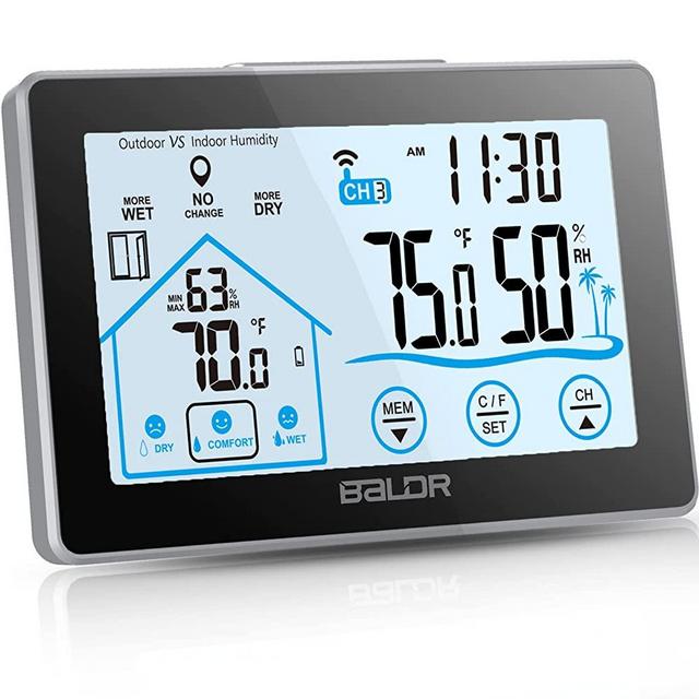 BALDR Indoor Outdoor Thermometer Wireless, Outdoor Thermometer with Touch Screen LCD Backlight, Room Thermometer Indoor Temperature Humidity Monitor with Window Indicator and Comfort Indicator(Black)