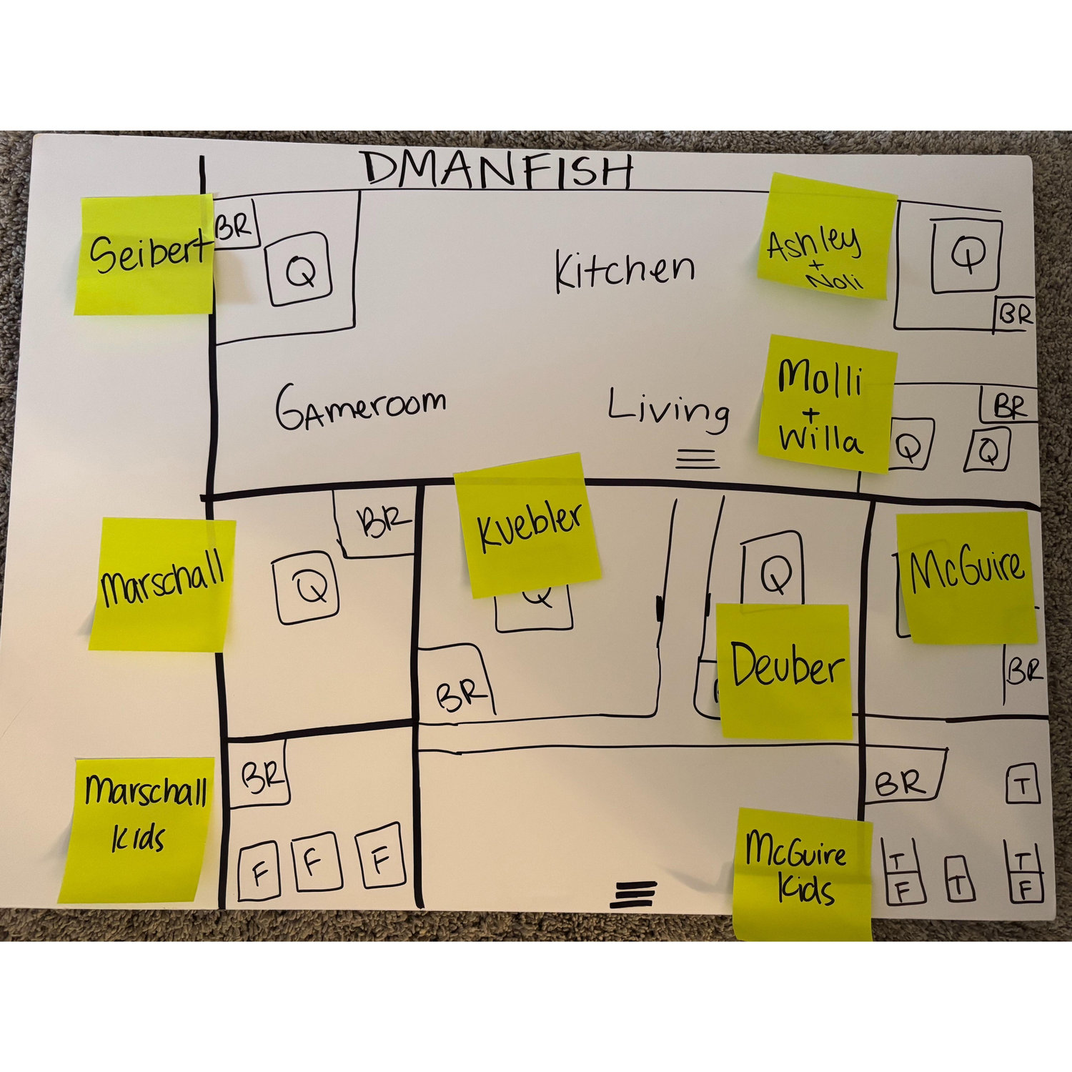 Dmanfish Room Assignments
1st Floor: Kyle/Sarah, Ashley/Noli, Molli/Willa
Basement: McGuire, Marschall, Kuebler, Deuber and families