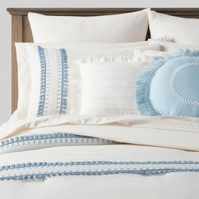 12pc King Somerton Fringe Stripe Comforter & Sheet Bedding Set White/Blue - Threshold™