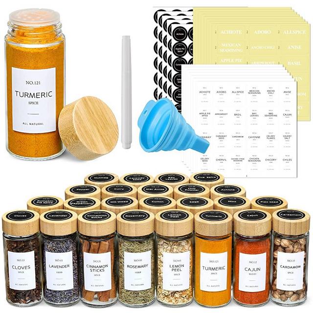 NETANY 24 Pcs Spice Jars with Bamboo Lids - 4 oz Round Glass Spice Jars with Labels , Minimalist Farmhouse Spice Labels Stickers, Collapsible Funnel, Seasoning Bottles for Spice Rack, Cabinet, Drawer
