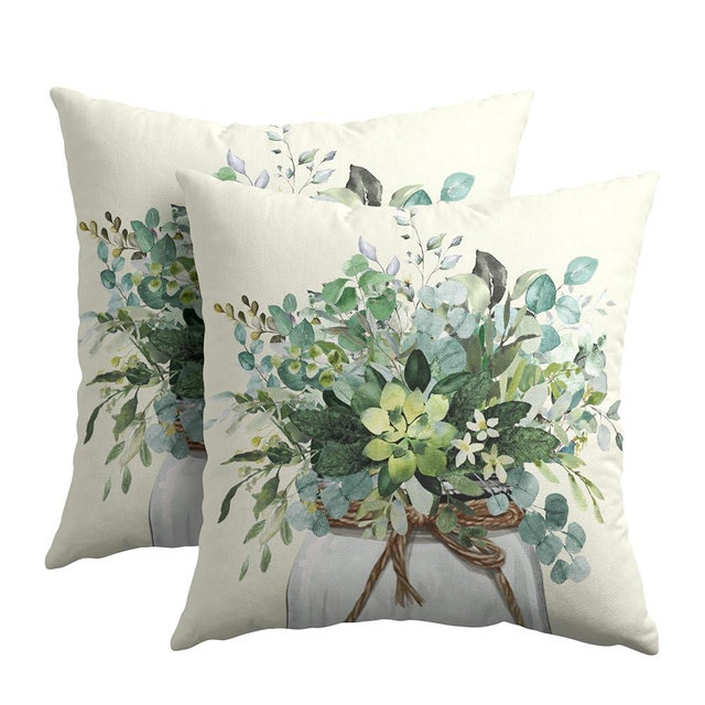 Kawani Eucalyptus Green Leaves Pillow Covers 18x18 Inch Set of 2 Greenery Plants Leaf Mason Jar Pillowcase Cotton Linen Square Cushion Case for Home Sofa Couch Farmhouse Decoration