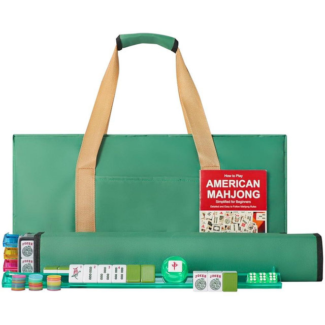 GUSTARIA American Mahjong Game Set, 166 Green Tiles, 4 All-in-One Color Rack/Pushers, Complete Mahjong Tile Set，Green Carrying Bag