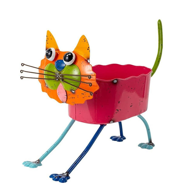 Oak & Lore Whimsical Metal Cat Garden Statues, Colorful Cartoon Cat Garden Sculptures & Statues with Planters for Patio Lawn & Yard Art Decor