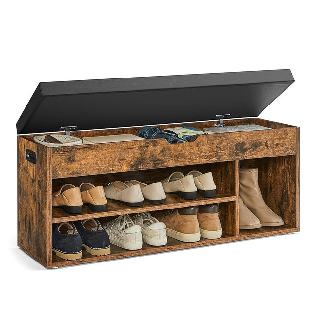 VASAGLE Storage Bench with Cushion, Shoe Bench with Padded Seat, 3 Compartments, Hidden Storage, Shelves, Hallway Bedroom, Load Capacity 330 lb, 11.8 x 39.4 x 17.3 Inches, Rustic Brown and Ink Black