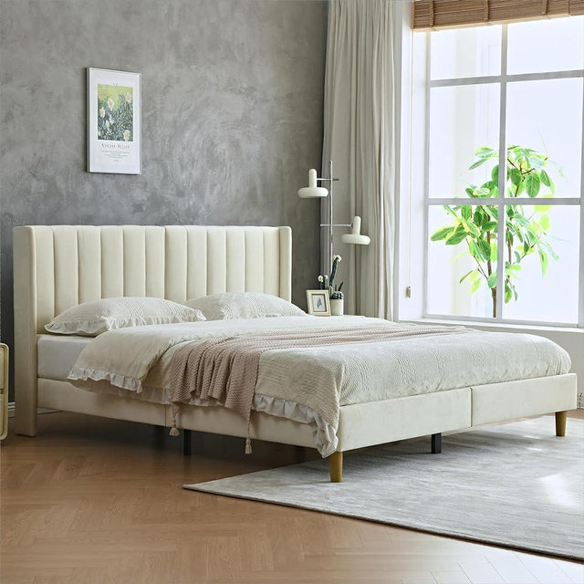 YUHUASHI upholstered Platform Bed Frame/Twin Bed Frame/Modern Geometric Double-Wing Design headboard/Flannel and Linen Fabric/Easy to Assemble no Noise (Cream, King (U.S. Standard))