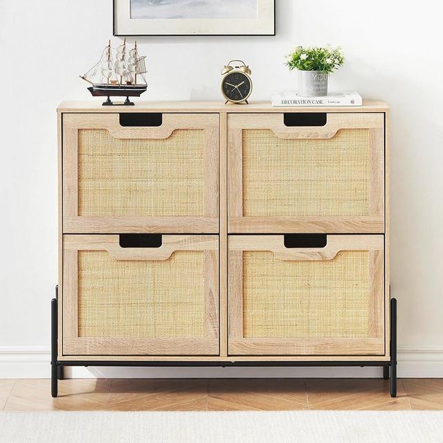 coucheta Natural Rattan 4 Flip Down Free-Standing Shoe Rack, Shoe Cabinet Wood Organizer Freestanding with 3-Tier Adjustable Shelves for Entryway Hallway Doorway (Oak Color)