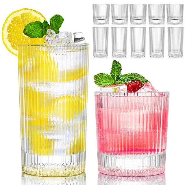 Triplorare Vintage Ribbed Water Glasses set of 12 (6Pcs Highball and 6Pcs Lowball glasses)