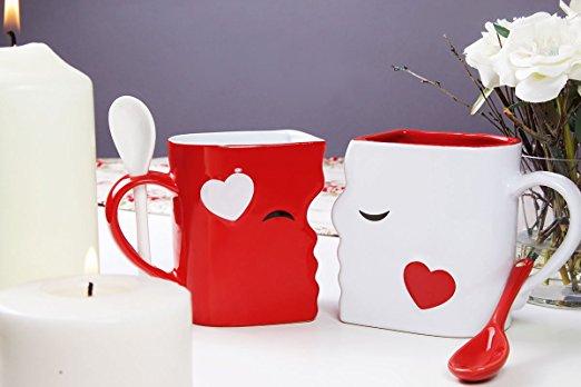Kissing Mugs Set, Exquisitely Crafted Two Large Cups, Each with Matching Spoon, Beautifully Gift Boxed for Him and Her on Valentine's Day, Birthday, Anniversary or Anytime a Couple Wishes by Blu Devil