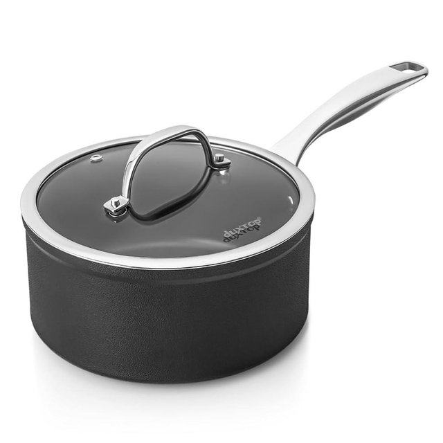 Duxtop Nonstick Master Saucepans 3 Quart Hard Anodized Sauce Pan with Lid, Aluminum Cooking Pot PFAS-Free, Oven Safe to 500°F, Black