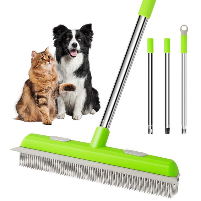 Pet Hair Removal Rubber Broom, Carpet rake with Squeegee for Cleaning Pet Hair, 52 inch Long Handle Rubber Broom,Dual-Sided for Fluff Carpet, Hardwood Floor, Tile,Green