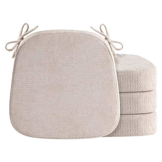 OJFED D-Shaped Chair Cushions for Dining Chairs, 2.5” Thick Chair Pads with Washable Comfortable Textured Cover, Non Slip Kitchen Chair Cushions with Ties, 16.5" x 16.5", 4 Pack, Beige