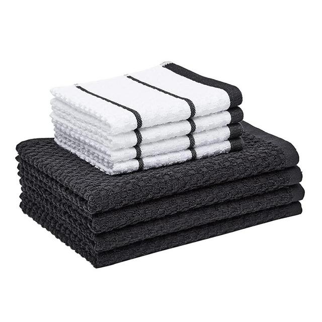 Amazon Basics 100% Cotton Terry Kitchen Dish Cloth & Towel Set, Popcorn Texture - 8-Pack, Black Stripe