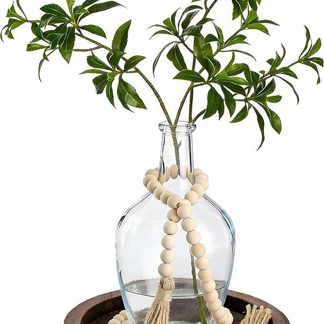 Tiangrid 3 Pcs Rustic Country Tabletop Centerpieces, Boho Clear Tall Glass Vases Decor Wooden Serving Tray Wood Bead Garland with Tassels for Wedding Living Room Home Table Holder(Brown)