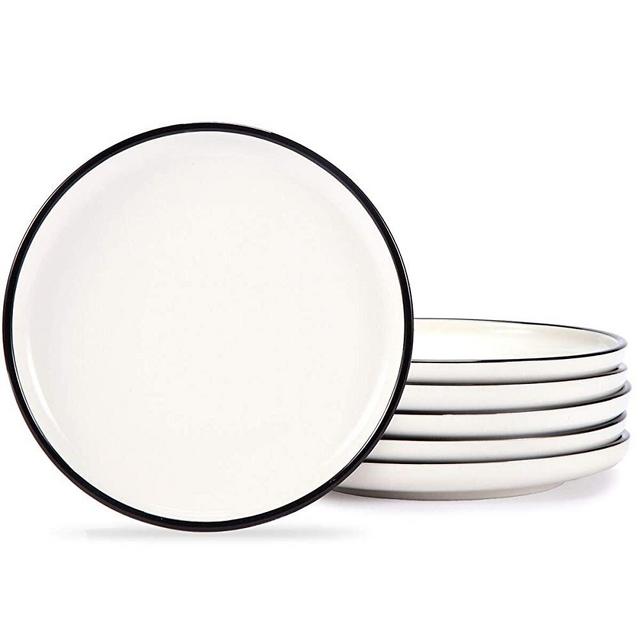 Aquiver 6'' Ceramic Dessert Plates - Porcelain Classic White Appetizer Plates with Black Edge - Tea Party Small Serving Plates for Cake, Pie, Snacks, Ice Cream, Side Dish, Waffles - Set of 6