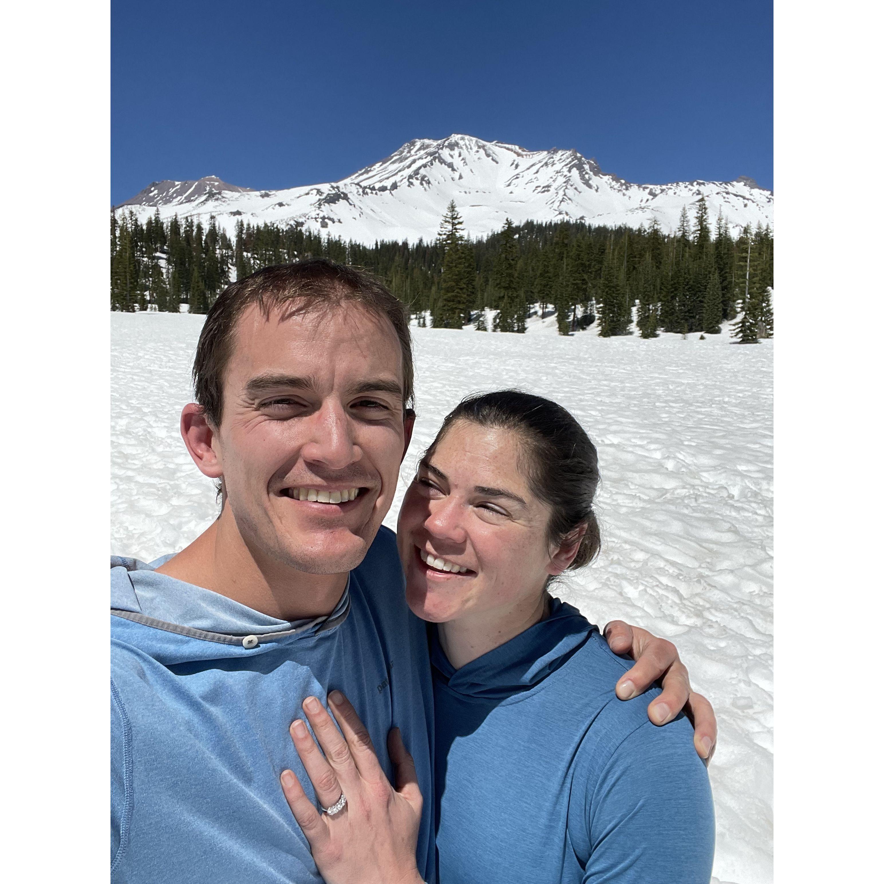 Austin proposed after we skied Mt. Shasta, which you can see in the background.