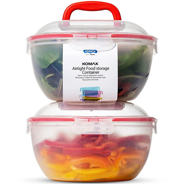 Komax Biokips Large Salad Bowl with Lid | Set of 2 Clear Mixing Bowls 4.2qt | BPA-FREE Plastic Storage Bowls with Locking Lids | Microwave safe, Dishwasher Safe, with Handles | Big Salad Bowls