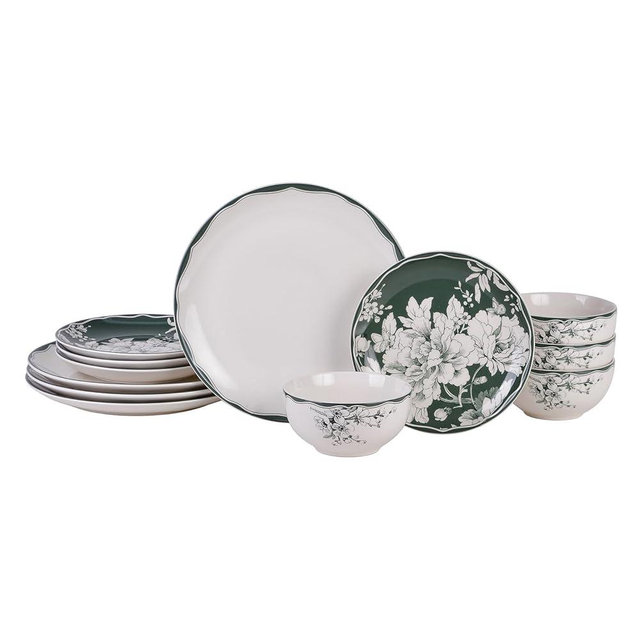 222 Fifth 12-Piece Porcelain Dinnerware Set for 4, White & Sage Green Plates and Bowls Set, Glossy Ceramic Dish Set with Detailed Floral Design, Microwave & Dishwasher Safe Dishes for Dining, Brittany
