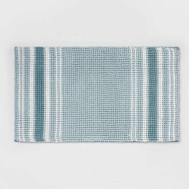 20"x34" Low Chenille Memory Foam Bath Rug Aqua Stripe - Threshold™