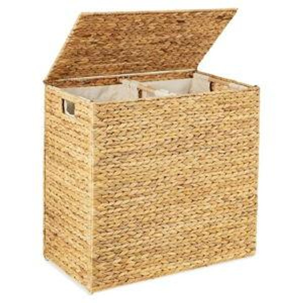 Best Choice Products Large Double Laundry Hamper with Lid, Natural Handwoven Water Hyacinth, 2 Sections w/ 2 Machine Washable Linen Liner Bags, Portable, Handles - Chestnut