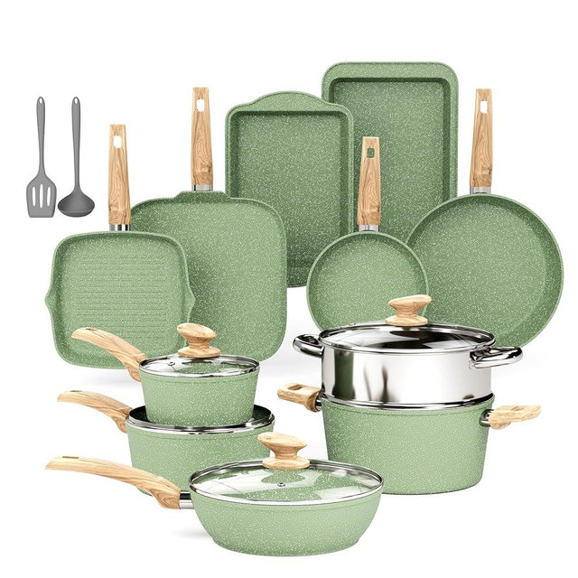 DishDelight Pots and Pans Set Non Stick, 17 Pieces Granite Kitchen Cookware Sets with Nonstick Granite Coating, Induction Cooking Set for Present, Green