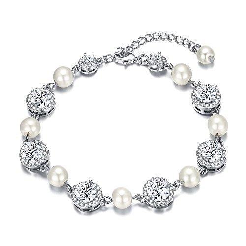 EleQueen Women's Round CZ Cream Simulated Pearl Wedding Bracelet Earrings Set Silver-Tone Clear