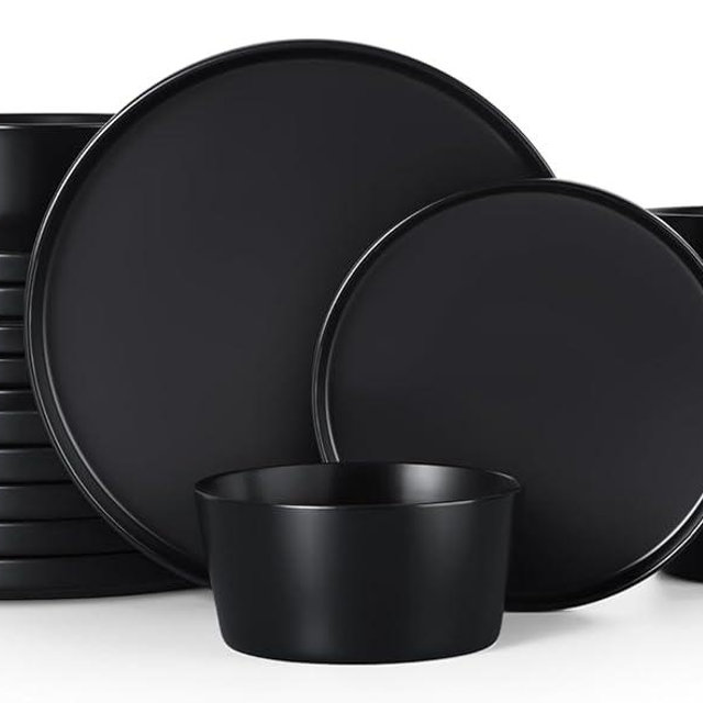 Herogo 18 Pieces Stoneware Dinnerware Sets for 6, Dinner Plates and Bowls Set, Reactive Glaze Dishes Set for Kitchen, Chip Resistant, Microwave & Dishwasher Safe, Matte Black