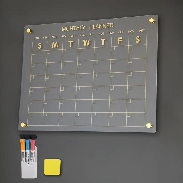 SIMPLY STATIONARY - Acrylic Calendar For Fridge 16 x 12 - New Gold Color Upgraded Stronger Magnets- Clear magnetic calendar for fridge - Reusable Monthly/ Weekly Planner for Home Organization.