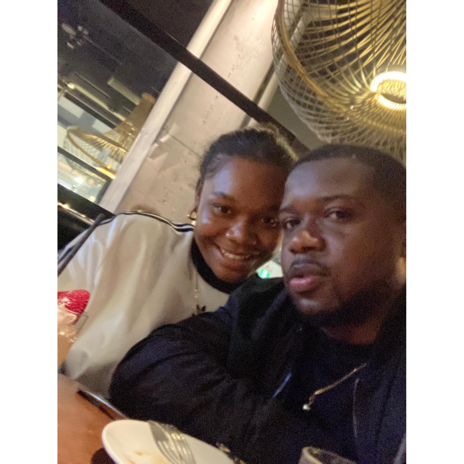 This is a selfie from our first date night at Joey Rideau restaurant in downtown Ottawa. Dani had steak and Alice had salmon—classic go-to choices for both of us, haha!