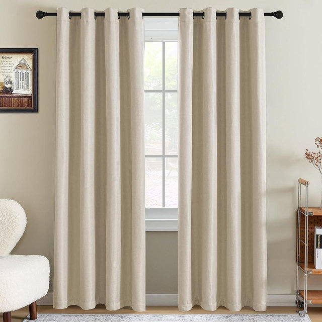H.VERSAILTEX 90% Blackout Linen Curtains 84 Inches Long for Bedroom/Living Room Thermal Insulated Grommet Curtain Drapes Primitive Textured Burlap Effect Window Drapes 1 Panel - Heather Sand/Black