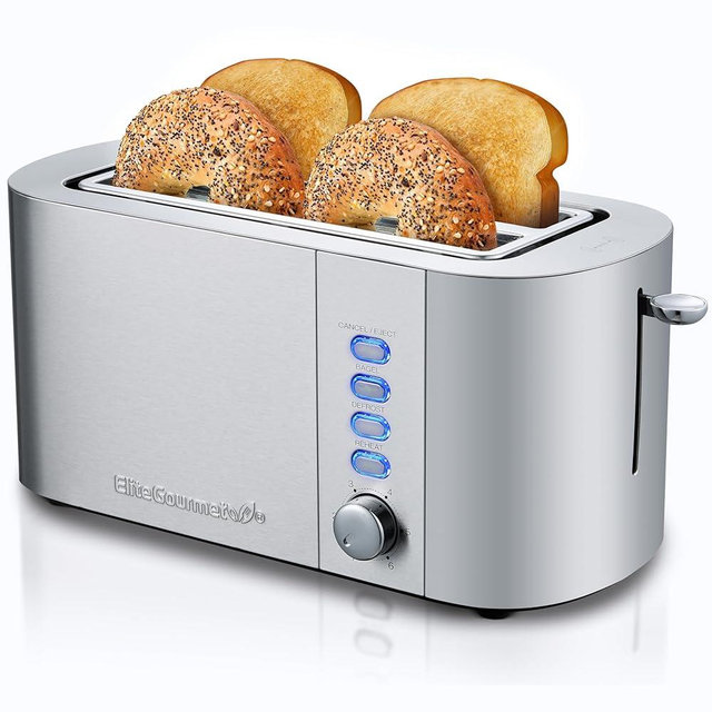 Elite Gourmet ECT4123X Long Slot 4 Slice Toaster, Extra Wide 1.5" and 5.1" Deep Slots, Bagel, Defrost & Cancel Functions, 6 Toast Shade Settings, Fits Bagels, Waffles, Artisan Breads, Stainless Steel