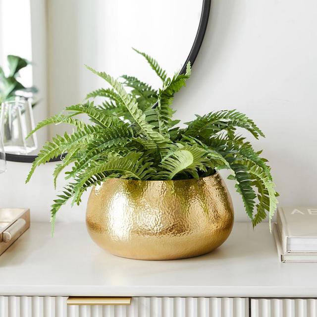 Hammered Metal Planter, Large Round, Polished Brass