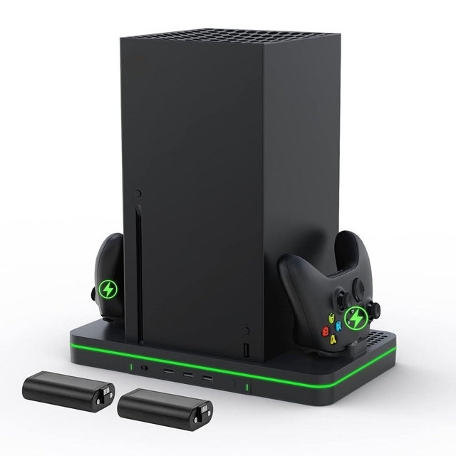 Charging Stand with Cooling Fan, CODOGOY Vertical Stand Compatible with Xbox Series X/S Console&Controller, Dual Controller Charger Station Dock with 3 USB Ports,2*1100 mAh Rechargeable Battery Packs