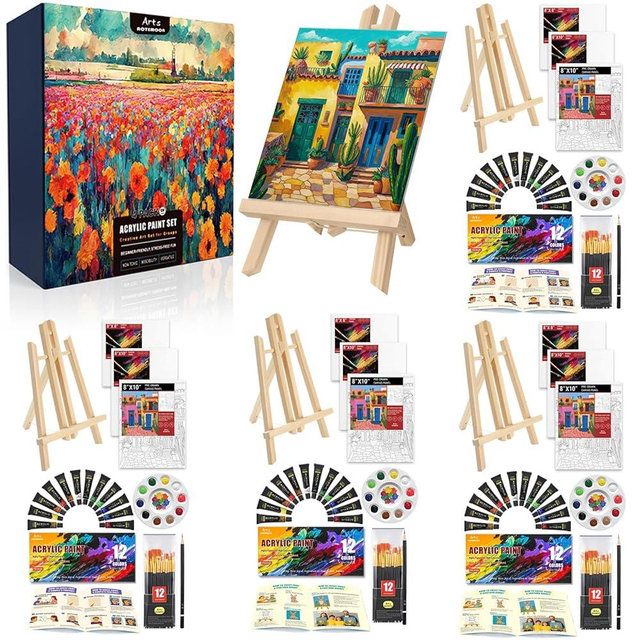 4 Pack Painting Set for Adults or Family Groups, 124 PCS Paint Sets with 4 Table Easels,48 Acrylic Paints,12 Pre-Drawn & Blank Canvases for Painting,48 Brushes,4 Pencils,4 Palettes and Painting Guides
