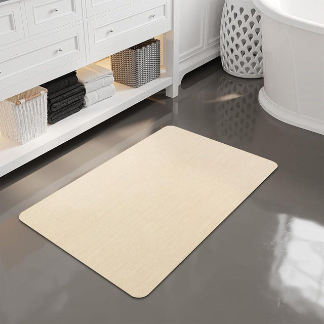Mecko Bath Mat, Ultra Absorbent Quick Dry Bathroom Floor Mats-Rubber Non-Slip Thin Bathroom Rug Fit Under Door, Faux Suede Surface Shower Rug for Bathtub, Sink, Shower Room(Beige,16"x24")