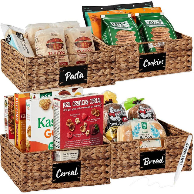 Best Choice Products Set of 4 13x12in Water Hyacinth Pantry Baskets, Woven Organizers w/Chalkboard Label, Chalk Marker - Chestnut