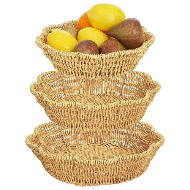 Jucoan 3 Pack Poly Wicker Bread Baskets, Imitation Rattan Fruit Baskets, Hand Woven Round Scalloped Tabletop Food Serving Basket Tray for Fruits, Vegetables and Snacks, Home Kitchen Bakery