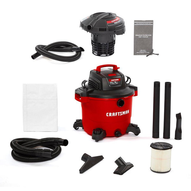 CRAFTSMAN CMXEVBE17595 16 Gallon 6.5 Peak HP Heavy Duty Wet Dry Shop Vacuum with Filter, Dust Bag, Hose, Attachments and CMXEVBE17678 1.75 Peak HP Wet Dry Vacuum Powerhead with Filter Bag and Hose