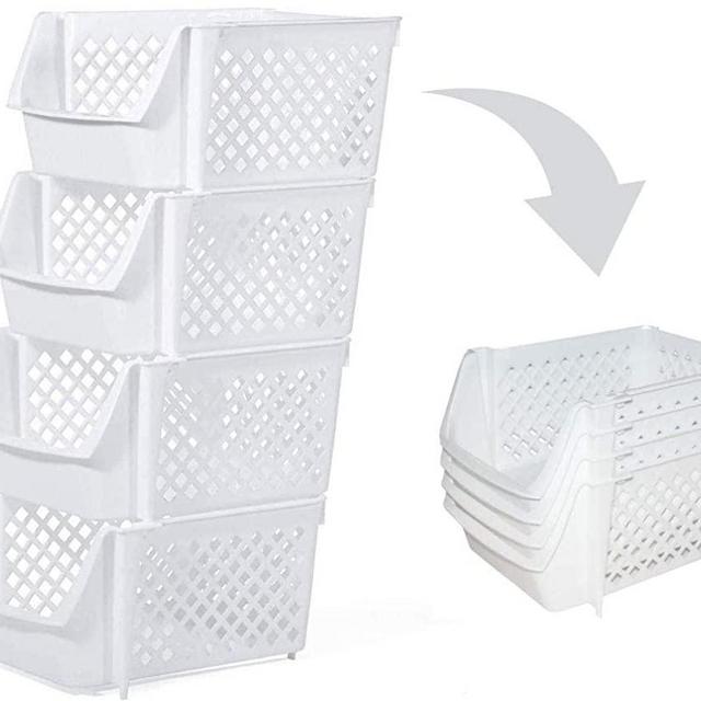 Skywin Plastic Stackable Storage Bins for Pantry - Stackable Bins For Organizing Food, Kitchen, and Bathroom Essentials (White)