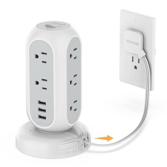 Flat Plug Power Strip Tower, TESSAN Ultra Thin Retractable Extension Cord 5 FT, Surge Protector 11 Outlets with 3 USB Charging Station, 1050J, Office Supplies, Desk Accessories, Dorm Essentials