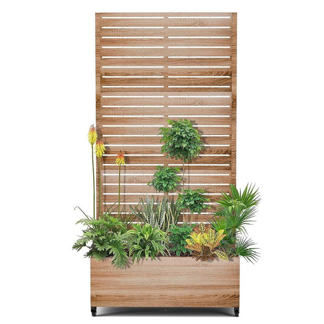 15.7"×70.9"×35.4" Metal Raised Garden Bed with Trellis and Wheels - Tall Trellis Planter Box for Climbing Plants, Vegetables & Vines - Outdoor Privacy Planters for Patio (Cut Oak Grain)