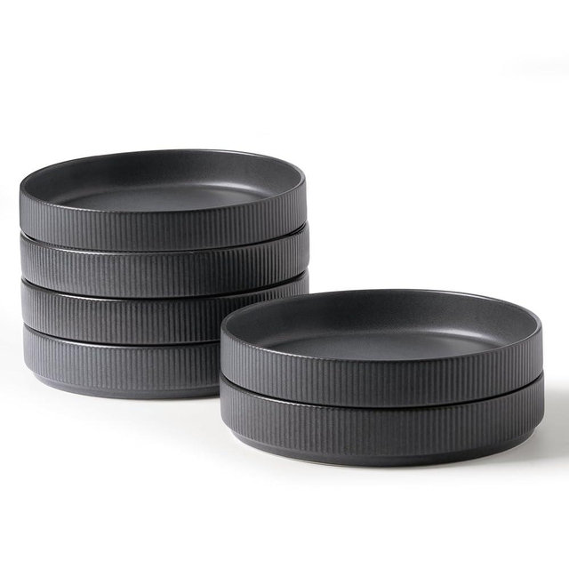 famiware Star 7.5" Pasta Bowls Set, Salad Bowl Set of 6, Double Reactive Glaze, Stackable, Perfect for Your Friend for Housewarming, Thanksgiving, Christmas, Matte Dark Charcoal (Full Glaze)